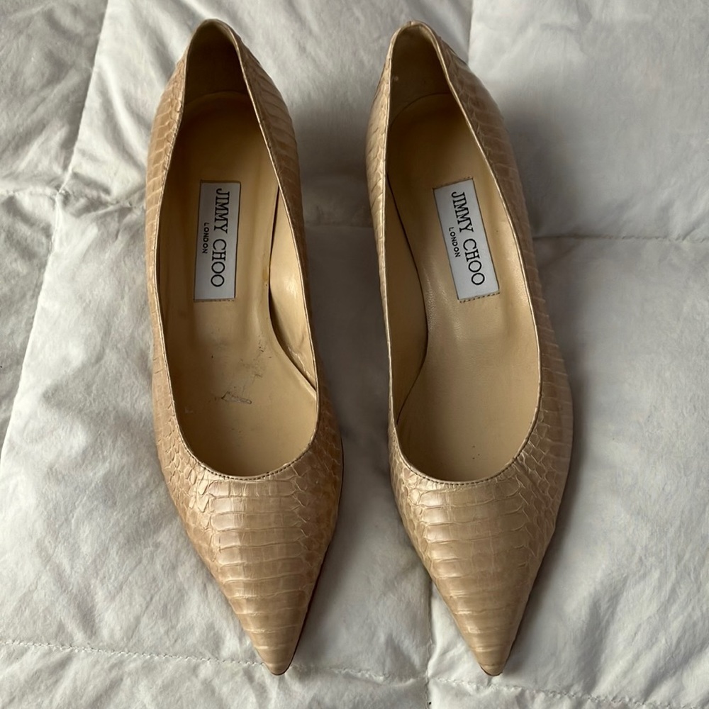 Jimmy Choo Nude Snakeskin Kitten Heels- fits 36.5 or small 37, runs small!